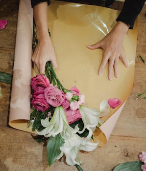Overhead view of a woman wrapping a beautiful floral bouquet, showcasing pink roses and white lilies.